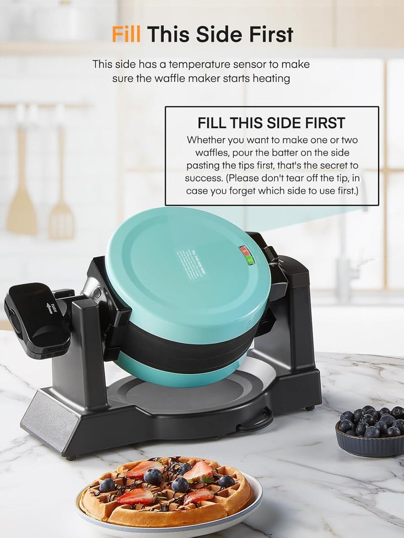 FOHERE Waffle Maker, 1400W Double Belgian Waffle Iron 180° Flip, 8 Slices in 3 Mins, Rotating & Nonstick Plates, Anti-Scald, Removable Drip Tray Easy to Clean, Cool Touch Handle, Space-Saving (Mint Blue) - Image 4